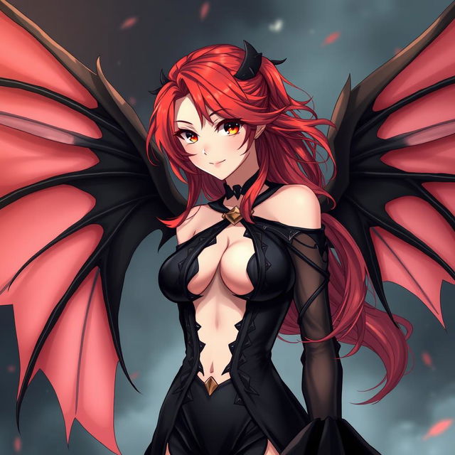 A sexy redhead waifu character in an anime style, featuring elegant wings and adorned in a stunning black shoulderless, revealing outfit with long, transparent sleeves that highlight her alluring figure