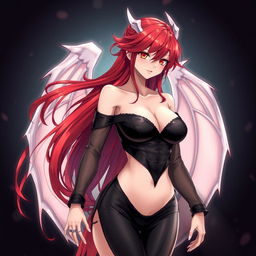 A sexy redhead waifu character in an anime style, featuring elegant wings and adorned in a stunning black shoulderless, revealing outfit with long, transparent sleeves that highlight her alluring figure
