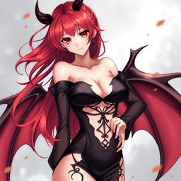 A sexy redhead waifu character in an anime style, featuring elegant wings and adorned in a stunning black shoulderless, revealing outfit with long, transparent sleeves that highlight her alluring figure