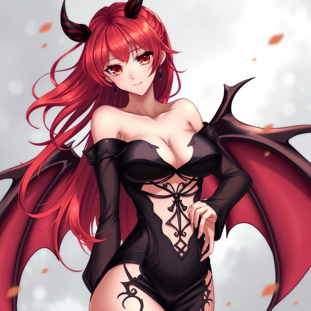 A sexy redhead waifu character in an anime style, featuring elegant wings and adorned in a stunning black shoulderless, revealing outfit with long, transparent sleeves that highlight her alluring figure