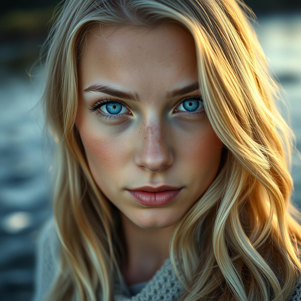 A close-up portrait of a stunning young blonde woman with captivating blue eyes and sun-kissed skin