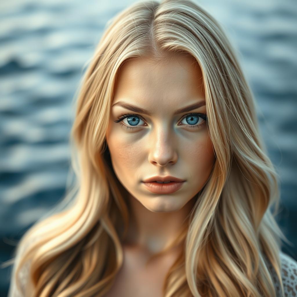 A close-up portrait of a stunning young blonde woman with striking blue eyes and radiant sun-kissed skin