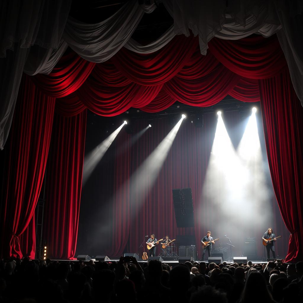 A striking black and white concert arena stage featuring luxurious red curtains and hanging transparent fabric that adds a sense of depth and elegance to the scene