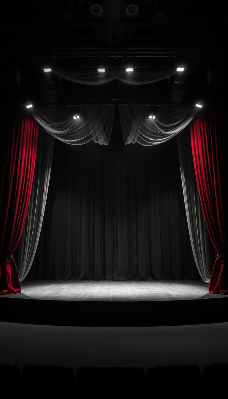 An empty concert arena stage, beautifully staged in black and white, showcasing striking red curtains draping elegantly on either side