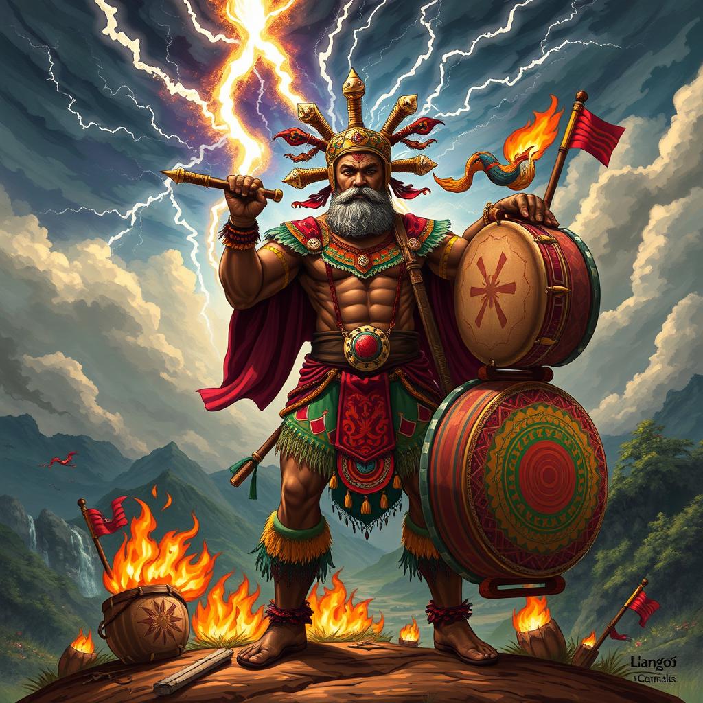 An illustration of Changó, the Yoruba deity, embodying the spirit of war, thunder, fire, and drums