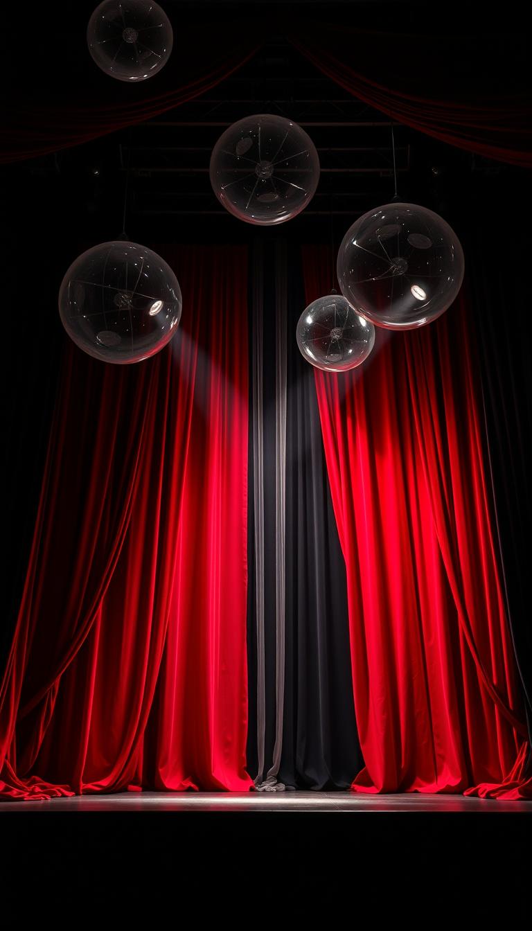 An artistic concert arena stage presented in striking black and white, featuring bold red curtains that frame the stage dramatically