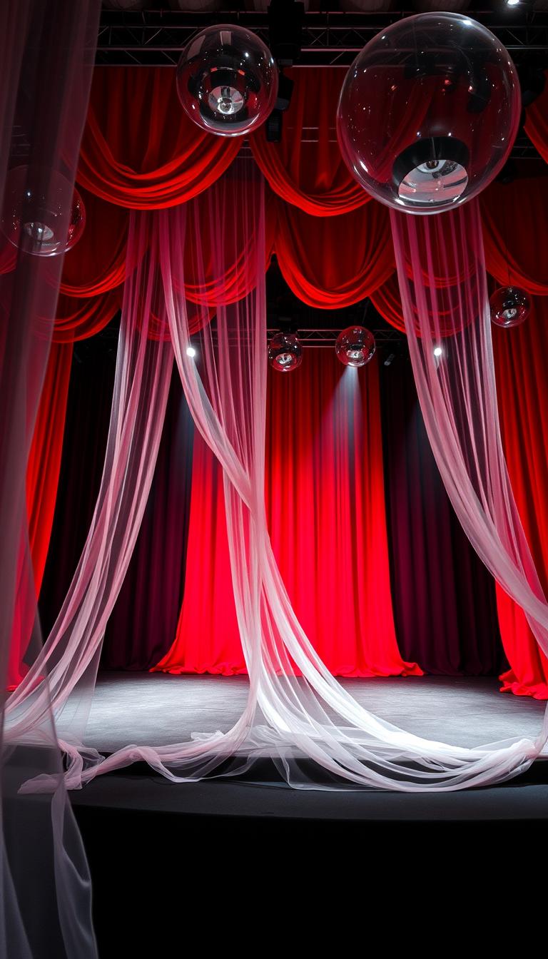 A visually stunning concert arena stage designed in black and white, adorned with bold red curtains that provide a dramatic frame