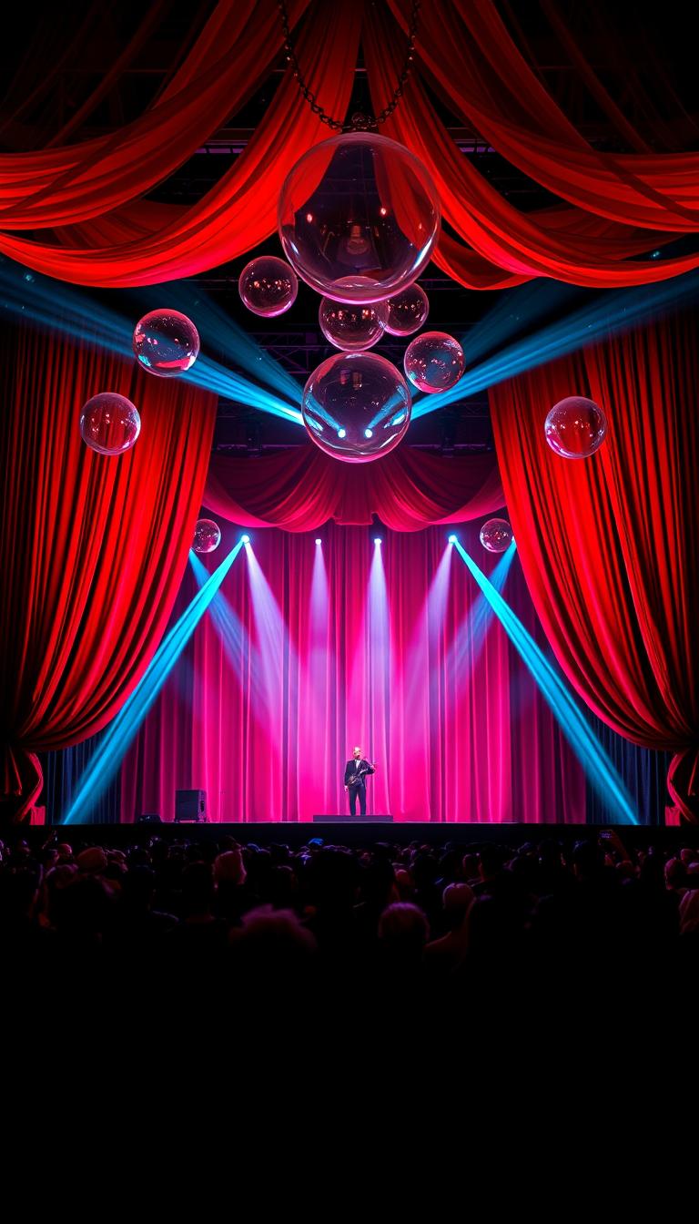A vibrant concert arena stage designed in striking black and white, featuring bold red curtains elegantly framing the scene