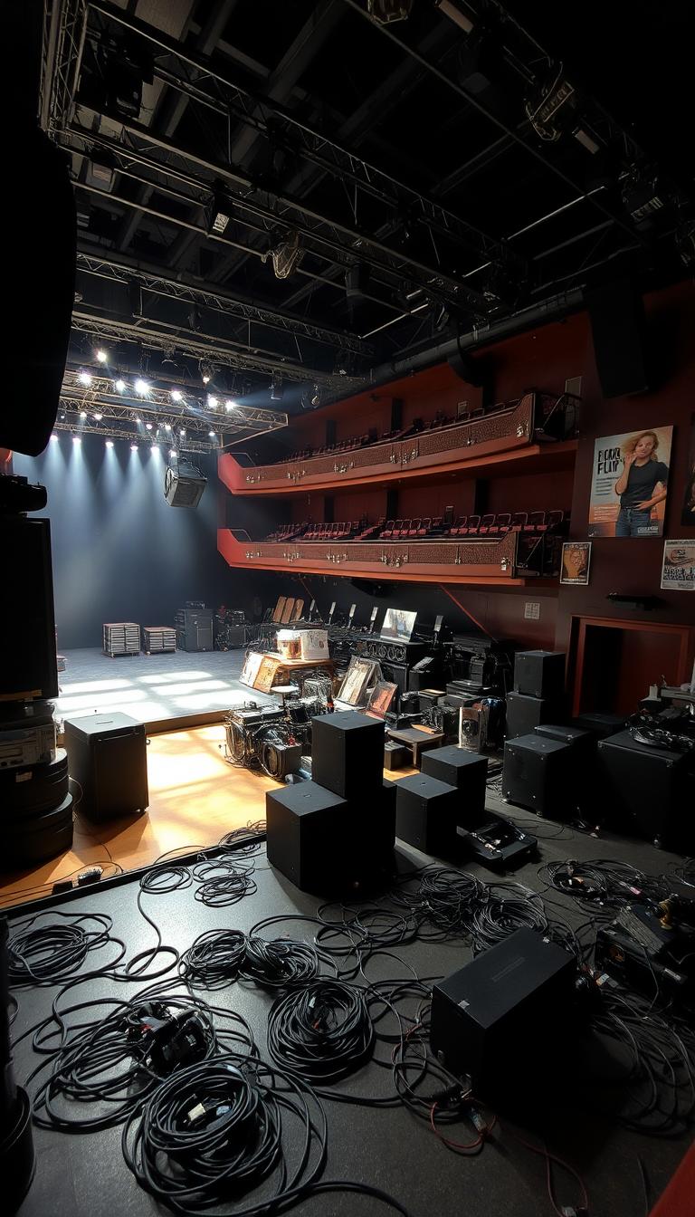A detailed view of the backstage area of an arena theatre, showcasing an array of stage equipment and technical gear