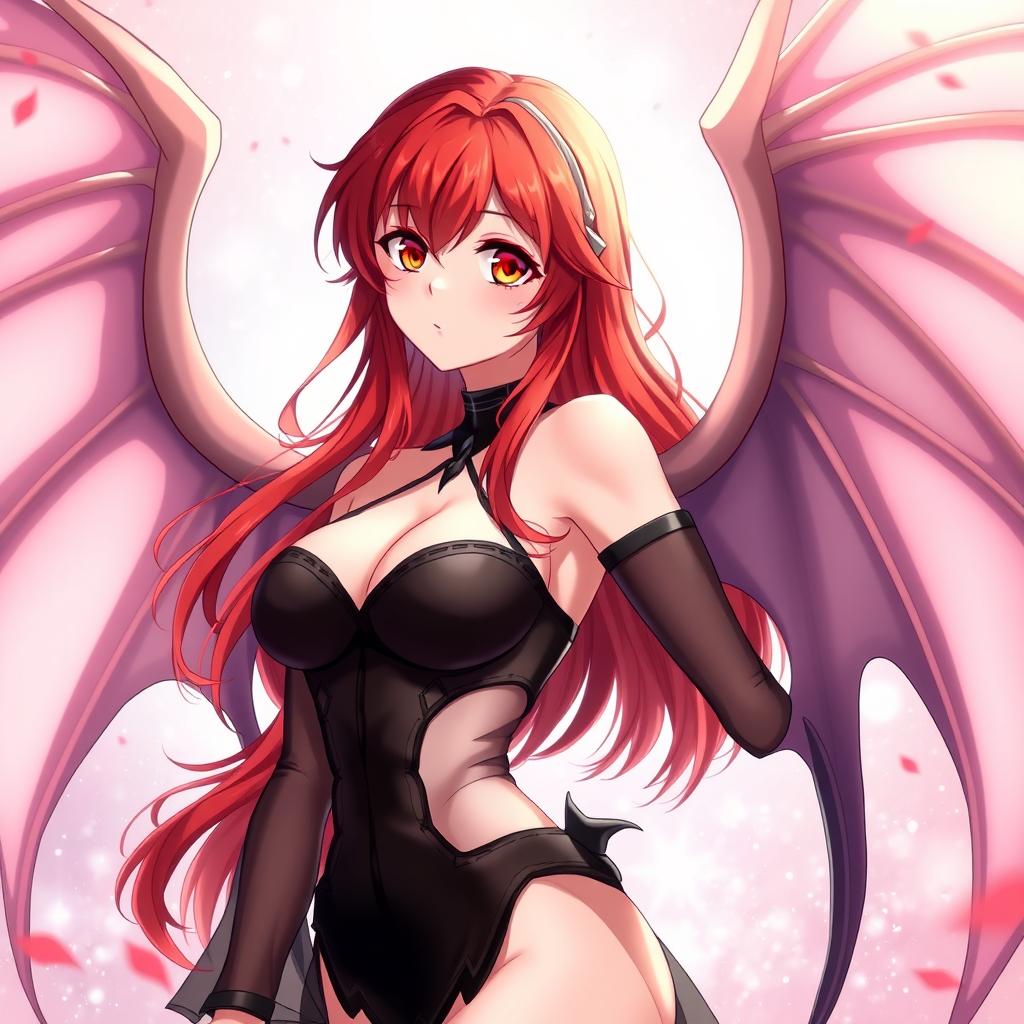 A sexy redhead waifu character in an anime style, featuring elegant wings and wearing a black shoulderless revealing outfit with long, see-through sleeves that accentuate her enticing figure