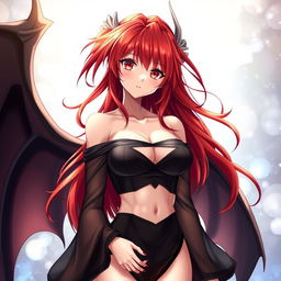 A sexy redhead waifu character in an anime style, featuring elegant wings and wearing a black shoulderless revealing outfit with long, see-through sleeves that accentuate her enticing figure