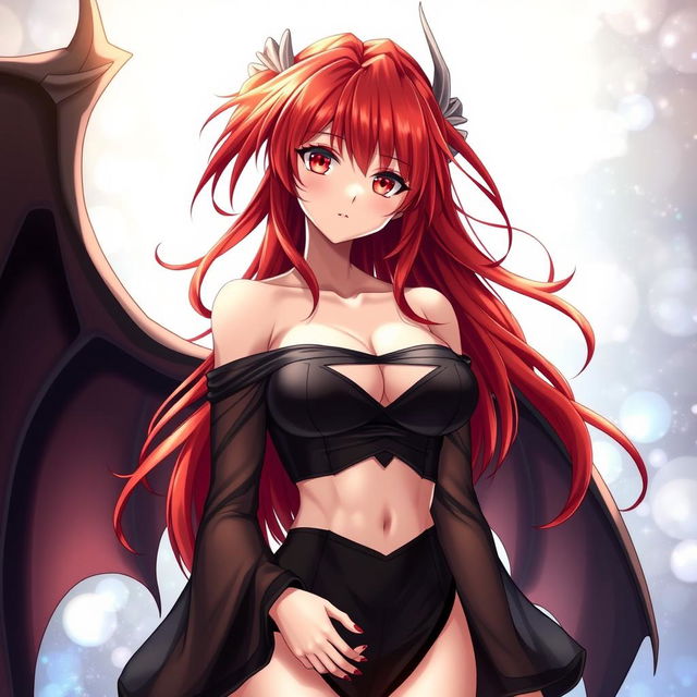 A sexy redhead waifu character in an anime style, featuring elegant wings and wearing a black shoulderless revealing outfit with long, see-through sleeves that accentuate her enticing figure