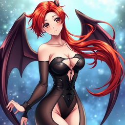 A sexy redhead waifu character in an anime style, featuring elegant wings and wearing a black shoulderless revealing outfit with long, see-through sleeves that accentuate her enticing figure
