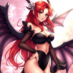 A sexy redhead waifu character in an anime style, featuring elegant wings and wearing a black shoulderless revealing outfit with long, see-through sleeves that accentuate her enticing figure