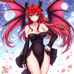 A sexy redhead waifu character in an anime style, featuring elegant wings and dressed in a striking black shoulderless, revealing outfit that showcases her figure