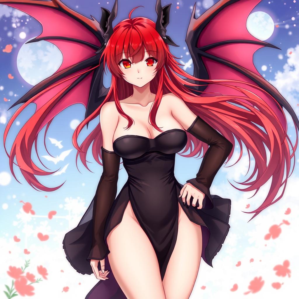A sexy redhead waifu character in an anime style, featuring elegant wings and dressed in a striking black shoulderless, revealing outfit that showcases her figure