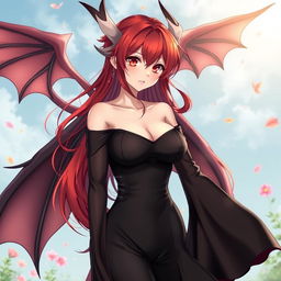 A sexy redhead waifu character in an anime style, featuring elegant wings and dressed in a striking black shoulderless, revealing outfit that showcases her figure