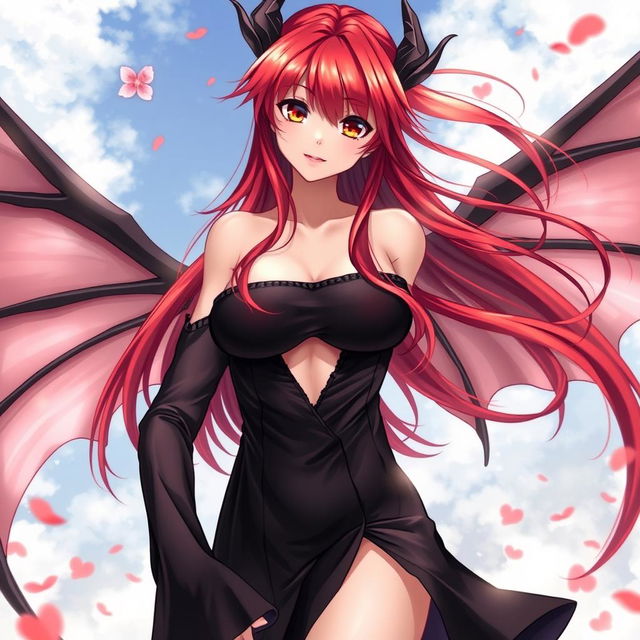 A sexy redhead waifu character in an anime style, featuring elegant wings and dressed in a striking black shoulderless, revealing outfit that showcases her figure