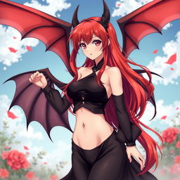 A sexy redhead waifu character in an anime style, featuring elegant wings and dressed in a striking black shoulderless, revealing outfit that showcases her figure