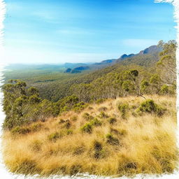 Create a watercolor painting with pen outlines featuring Mount Lindesay, Queensland, Australia in the same style.