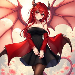 A sexy redhead waifu character in an anime style, featuring graceful wings and dressed in a striking black shoulderless revealing outfit