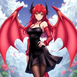 A sexy redhead waifu character in an anime style, featuring graceful wings and dressed in a striking black shoulderless revealing outfit