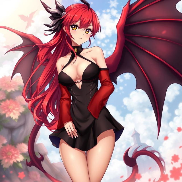 A sexy redhead waifu character in an anime style, featuring graceful wings and dressed in a striking black shoulderless revealing outfit