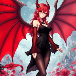 A sexy redhead waifu character in an anime style, featuring graceful wings and dressed in a striking black shoulderless revealing outfit