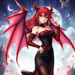 A sexy redhead waifu character in an anime style, adorned with beautiful wings and dressed in an eye-catching black shoulderless revealing outfit