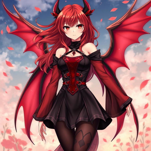 A sexy redhead waifu character in an anime style, adorned with beautiful wings and dressed in an eye-catching black shoulderless revealing outfit