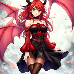 A sexy redhead waifu character in an anime style, adorned with beautiful wings and dressed in an eye-catching black shoulderless revealing outfit