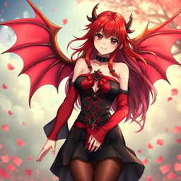 A sexy redhead waifu character in an anime style, adorned with beautiful wings and dressed in an eye-catching black shoulderless revealing outfit