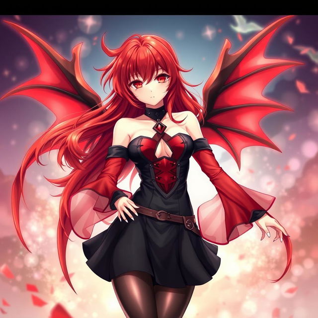 A sexy redhead waifu character in an anime style, adorned with enchanting wings and dressed in a striking black shoulderless revealing outfit