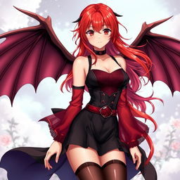 A sexy redhead waifu character in an anime style, adorned with enchanting wings and dressed in a striking black shoulderless revealing outfit