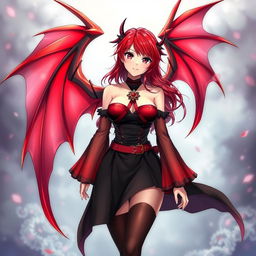 A sexy redhead waifu character in an anime style, adorned with enchanting wings and dressed in a striking black shoulderless revealing outfit