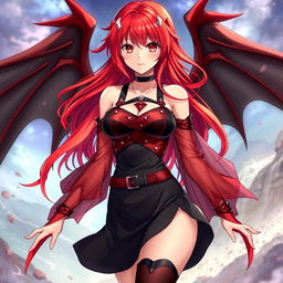 A sexy redhead waifu character in an anime style, adorned with enchanting wings and dressed in a striking black shoulderless revealing outfit