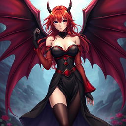A sexy redhead waifu character in an anime style, showcasing elegant wings and dressed in a stunning black shoulderless revealing outfit