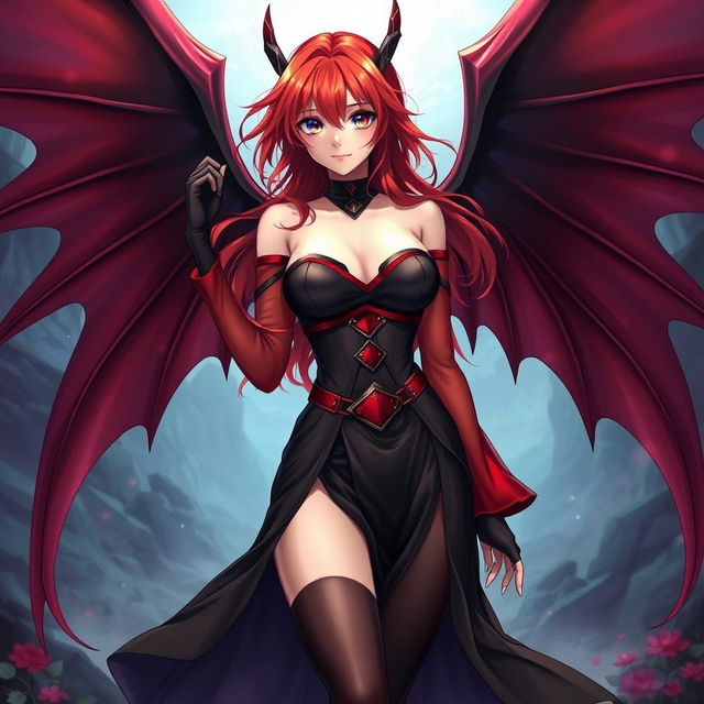 A sexy redhead waifu character in an anime style, showcasing elegant wings and dressed in a stunning black shoulderless revealing outfit