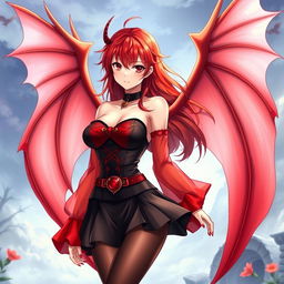 A sexy redhead waifu character in an anime style, showcasing elegant wings and dressed in a stunning black shoulderless revealing outfit
