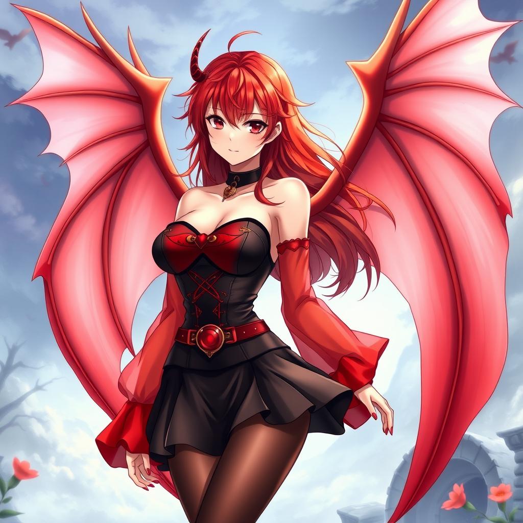 A sexy redhead waifu character in an anime style, showcasing elegant wings and dressed in a stunning black shoulderless revealing outfit