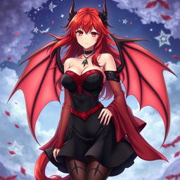 A sexy redhead waifu character in an anime style, showcasing elegant wings and dressed in a stunning black shoulderless revealing outfit