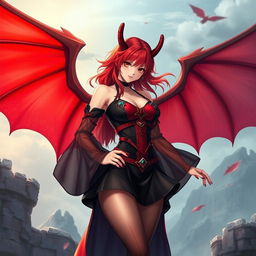 A sexy redhead waifu character in an anime style, showcasing elegant wings and dressed in a stunning black shoulderless revealing outfit