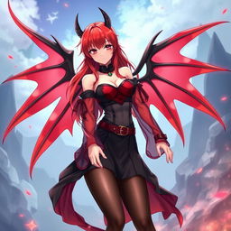A sexy redhead waifu character in an anime style, featuring striking wings and dressed in an alluring black shoulderless revealing outfit