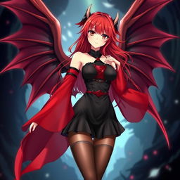 A sexy redhead waifu character in an anime style, featuring striking wings and dressed in an alluring black shoulderless revealing outfit