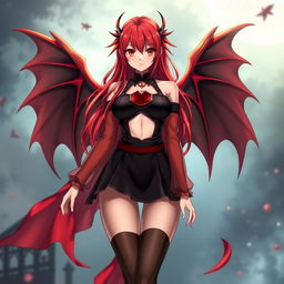 A sexy redhead waifu character in an anime style, featuring striking wings and dressed in an alluring black shoulderless revealing outfit