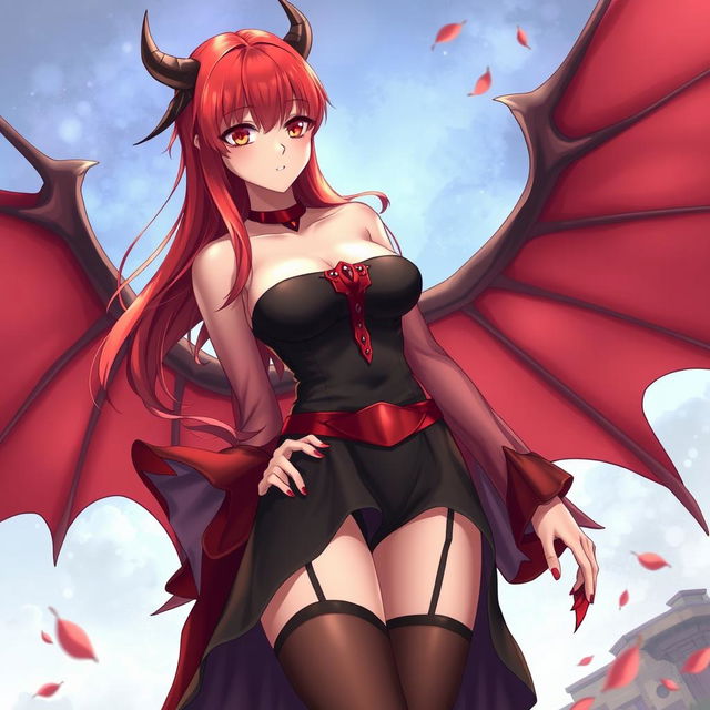 A sexy redhead waifu character in an anime style, featuring striking wings and dressed in an alluring black shoulderless revealing outfit
