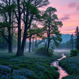 A serene and enchanting forest landscape at twilight, featuring tall, ancient trees with lush green leaves, a mist rising from the ground, and soft, diffused light filtering through the branches