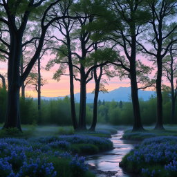 A serene and enchanting forest landscape at twilight, featuring tall, ancient trees with lush green leaves, a mist rising from the ground, and soft, diffused light filtering through the branches