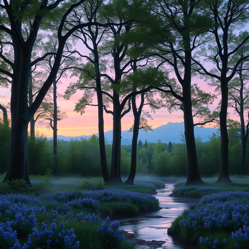A serene and enchanting forest landscape at twilight, featuring tall, ancient trees with lush green leaves, a mist rising from the ground, and soft, diffused light filtering through the branches