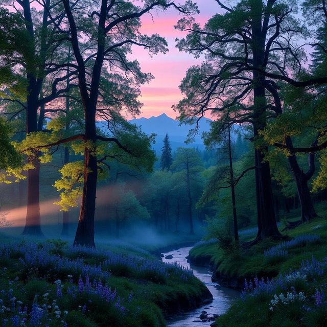 A serene and enchanting forest landscape at twilight, featuring tall, ancient trees with lush green leaves, a mist rising from the ground, and soft, diffused light filtering through the branches